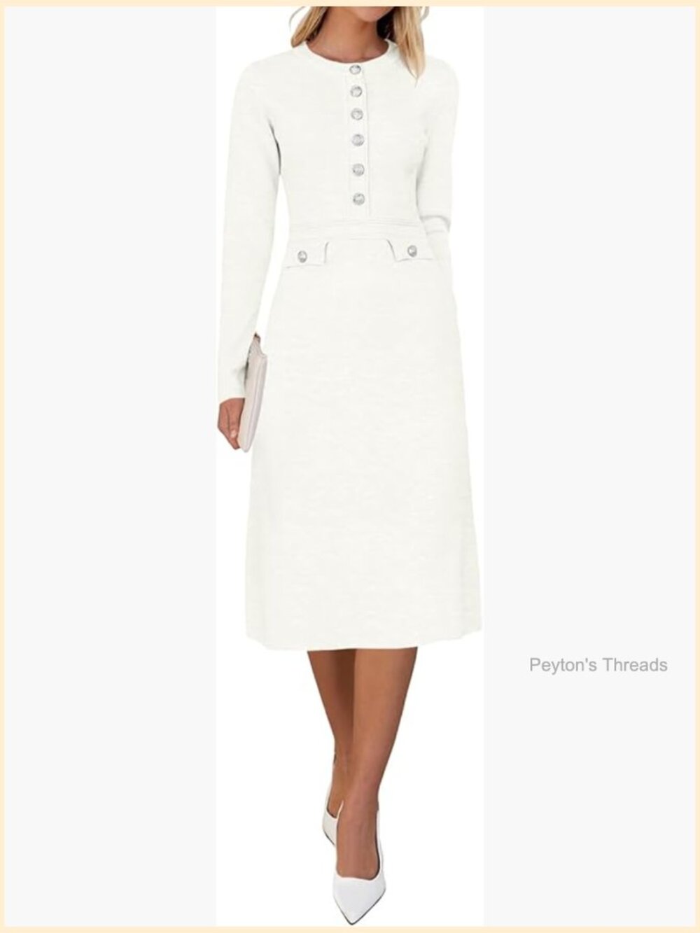 Long Sleeve Knit Bodycon Sweater Dress Crew Neck Button Decor Midi